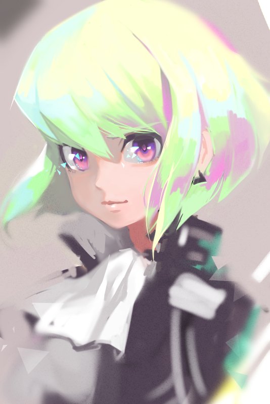 1boy black_jacket close-up closed_mouth cravat face green_hair jacket lida_orsta lio_fotia lips looking_at_viewer male_focus portrait promare short_hair smile solo violet_eyes