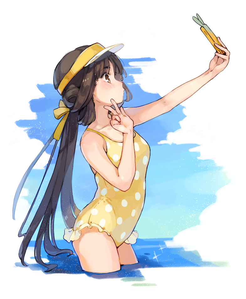 1girl black_hair blush breasts cellphone collarbone commentary_request day eyebrows_visible_through_hair frilled_swimsuit frills girls_frontline hair_ribbon holding holding_phone long_hair one-piece_swimsuit outdoors phone phone_with_ears polka_dot polka_dot_swimsuit qbu-88_(girls_frontline) ribbon self_shot shuzi sidelocks small_breasts smartphone swimsuit v visor_cap wading water yellow_headwear yellow_ribbon yellow_swimsuit