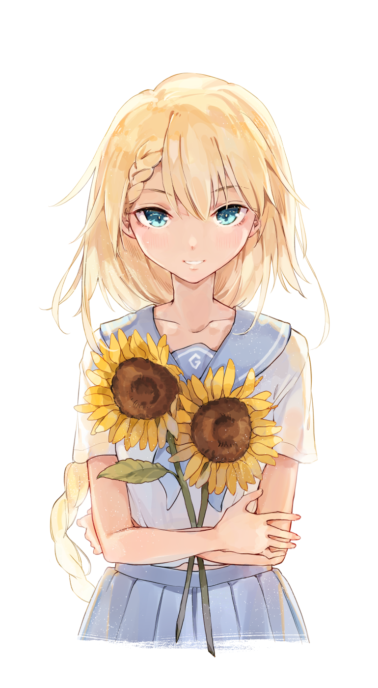 1girl bangs blonde_hair blue_eyes blush braid commentary_request dress eyebrows_visible_through_hair flower g36_(girls_frontline) girls_frontline hair_between_eyes highres holding holding_flower long_hair looking_at_viewer pleated_skirt sailor_collar shirt short_sleeves shuzi sidelocks skirt smile solo sunflower very_long_hair