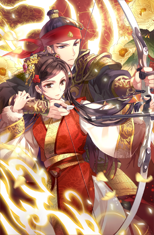 1boy 1girl armor black_hair bow_(weapon) bracer brown_eyes drawing_bow fantasy fire flower gl_ztoh gold_trim hair_flower hair_ornament headband long_hair official_art red_headband serious standing topknot very_long_hair weapon wide_sleeves