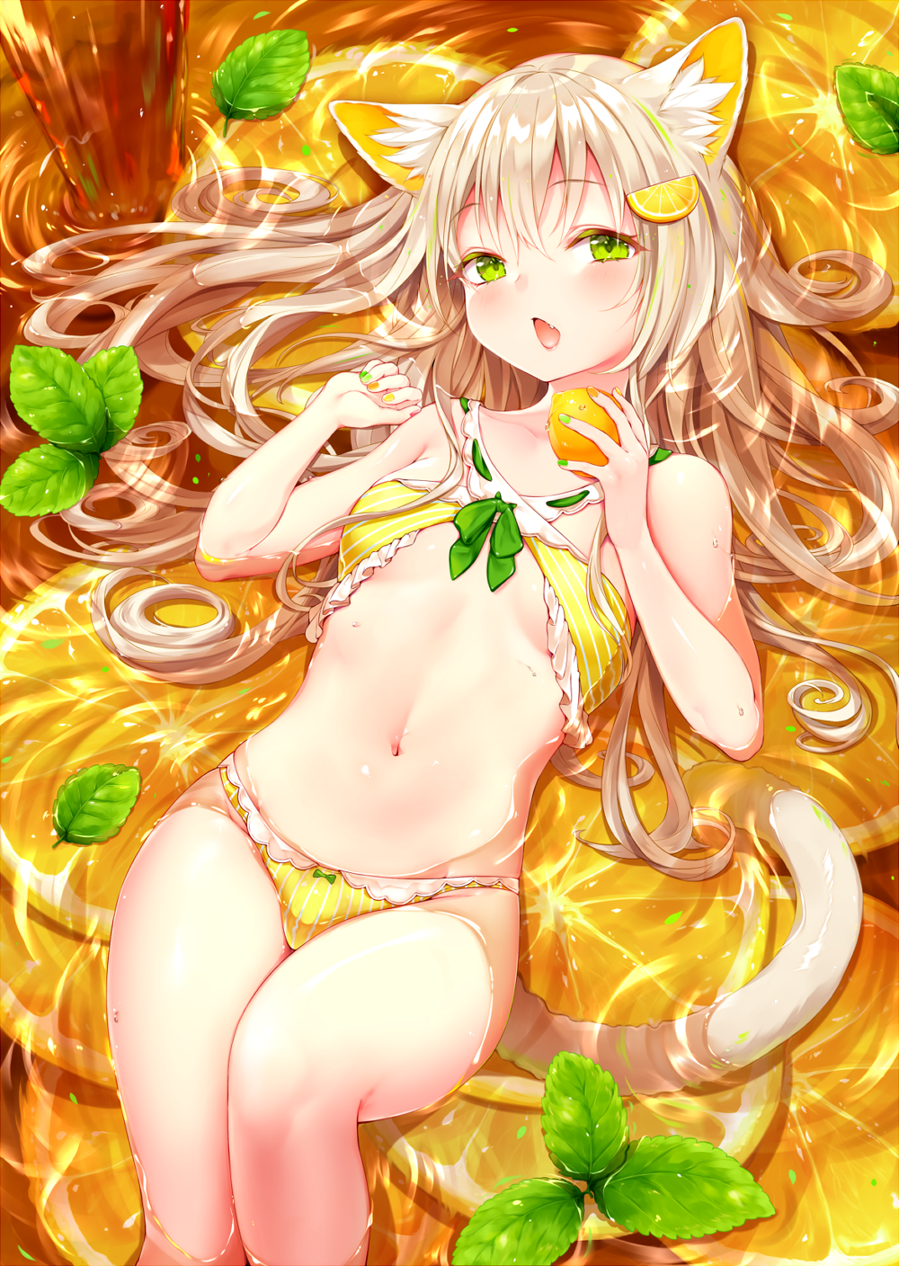 1girl animal_ear_fluff animal_ears bangs bare_arms bare_shoulders bikini breasts brown_nails cat_ears cat_girl cat_tail commentary_request eyebrows_visible_through_hair fang fingernails food food_themed_hair_ornament fruit green_eyes green_nails hair_between_eyes hair_ornament hair_spread_out highres holding holding_food lemon lemon_hair_ornament lemon_slice light_brown_hair long_hair looking_at_viewer lying multicolored multicolored_nails navel on_back original parted_lips small_breasts solo striped striped_bikini sukemyon swimsuit tail tongue yellow_bikini yellow_nails
