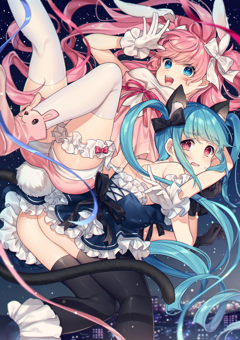 2girls :d animal_ear_fluff animal_ears ass bangs bare_shoulders black_gloves black_legwear black_ribbon blue_dress blue_eyes blue_hair blue_ribbon blurry blurry_background blush boots bow breasts bunny_girl bunny_tail cat_ears cat_girl cat_tail cityscape commentary depth_of_field detached_sleeves dress eyebrows_visible_through_hair gloves hair_bow karokuchitose long_hair medium_breasts multiple_girls night night_sky open_mouth original pink_footwear pink_hair pink_shorts puffy_short_sleeves puffy_sleeves rabbit_ears red_bow red_eyes red_ribbon ribbon short_shorts short_sleeves shorts sky smile star_(sky) starry_sky symbol_commentary tail thigh-highs very_long_hair white_bow white_gloves white_legwear white_sleeves