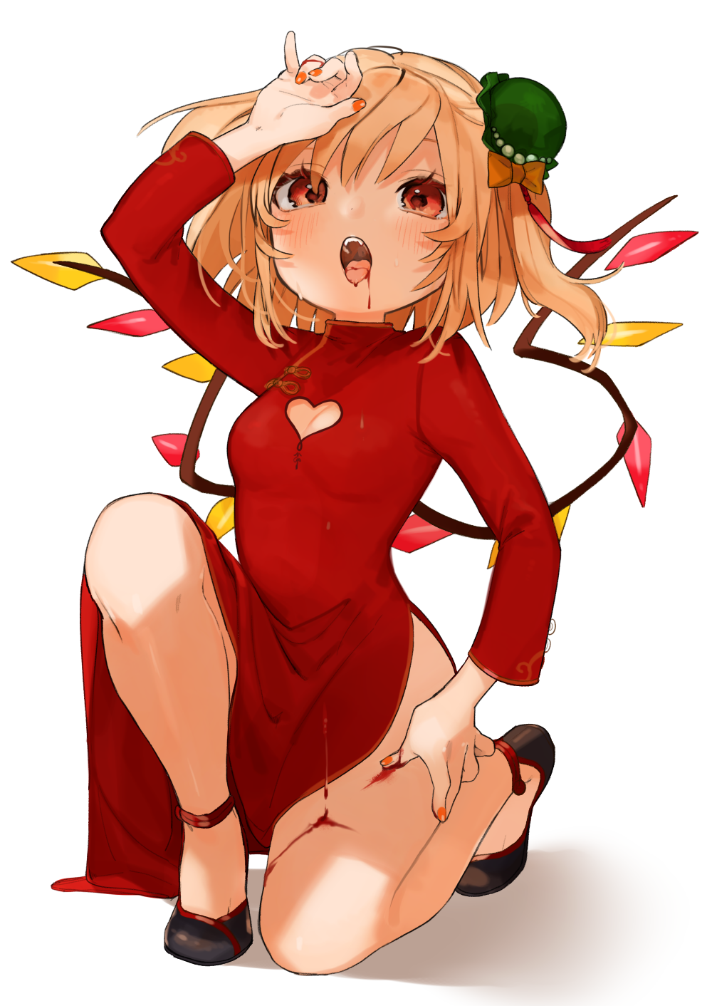 1girl alternate_costume arm_up artist_name bare_legs black_footwear blonde_hair blood bow breasts china_dress chinese_clothes commentary_request crystal dress eyebrows_visible_through_hair fang fangs flandre_scarlet full_body gotoh510 green_headwear hair_between_eyes hat hat_bow highres long_sleeves looking_at_viewer medium_breasts mini_hat mob_cap nail_polish one_knee one_side_up open_mouth orange_bow orange_nails pointy_ears red_eyes shadow shoes short_hair side_slit signature simple_background solo thighs tilted_headwear touhou white_background wings