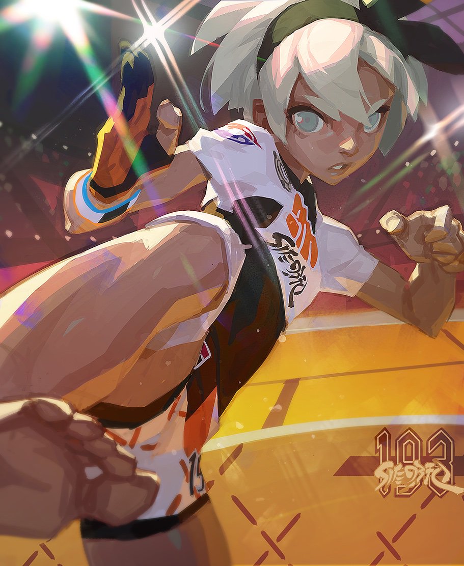 1girl abs barefoot blue_eyes bodysuit bodysuit_under_clothes covered_navel dark_skin gloves grey_eyes grey_hair hairband looking_at_viewer pokemon pokemon_(game) pokemon_swsh saitou_(pokemon) shirt short_hair short_sleeves shorts simple_background solo toni_infante white_shirt wristband