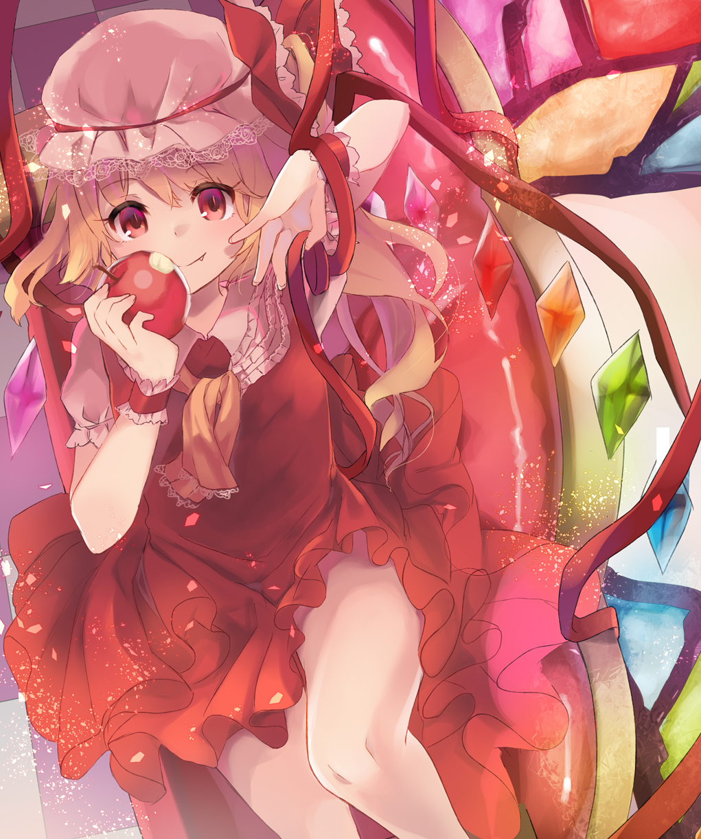 1girl adapted_costume apple ascot bangs blonde_hair blush brooch checkered checkered_floor couch cowboy_shot diamond_(gemstone) dress fang fang_out flandre_scarlet food from_above fruit hat hat_ribbon haya_taro_pochi highres holding holding_food holding_fruit jewelry knee_up lace-trimmed_hat lace-trimmed_neckwear light_particles looking_at_viewer mob_cap on_couch red_dress red_eyes red_ribbon red_theme reflective_eyes ribbon short_hair short_sleeves side_ponytail sidelocks sitting slit_pupils smile solo stained_glass thighs touhou violet_eyes white_headwear wings wrist_cuffs