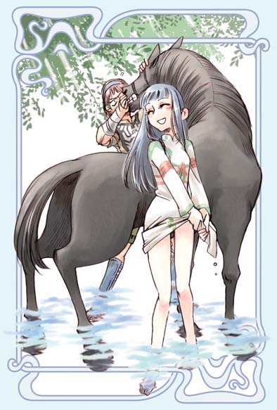 1boy 1girl agro barefoot black_hair blush breasts closed_eyes commentary_request dress feet long_hair mono poncho redhead shadow_of_the_colossus smile surcoat tatsuri_(forest_penguin) wander water