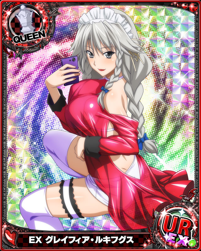 1girl braid breasts card_(medium) cellphone character_name chess_piece closed_mouth grayfia_lucifuge grey_eyes grey_hair high_school_dxd large_breasts lipstick long_hair looking_at_viewer maid_headdress makeup official_art phone queen_(chess) red_lipstick see-through smartphone smile solo thigh-highs trading_card twin_braids white_legwear