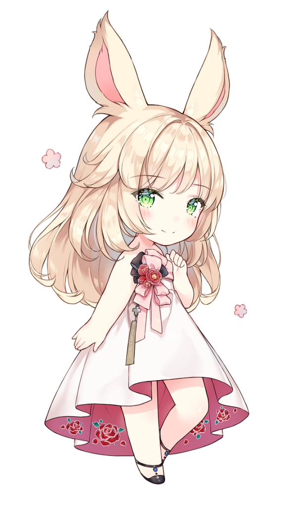 1girl animal_ears ayuanlv bangs bare_arms bare_shoulders black_footwear blush chibi closed_mouth dress eyebrows_visible_through_hair final_fantasy final_fantasy_xiv floral_print flower full_body green_eyes hair_between_eyes light_brown_hair long_hair mole mole_under_eye rabbit_ears red_flower rose_print shoes simple_background smile solo standing strapless strapless_dress viera white_background white_dress