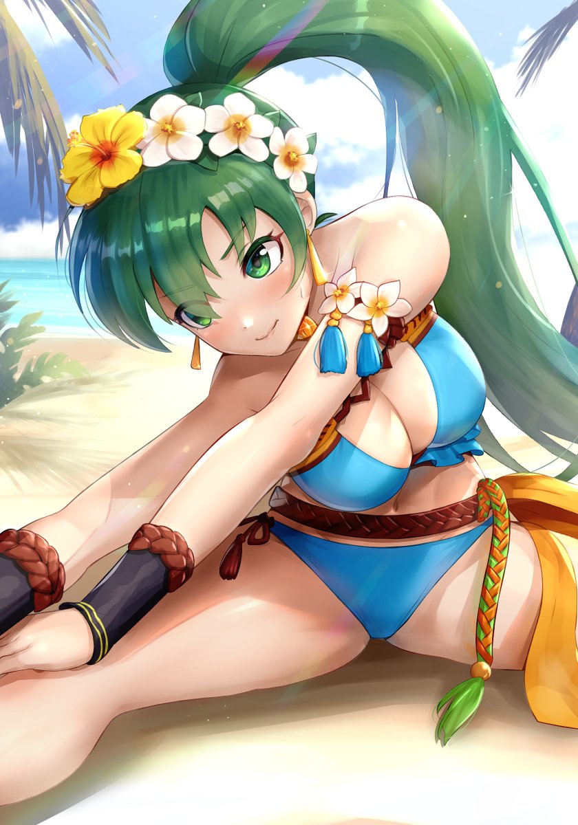 1girl beach bikini blush breasts earrings fire_emblem fire_emblem:_rekka_no_ken fire_emblem:_the_blazing_blade fire_emblem_heroes flower gonzarez green_eyes green_hair high_ponytail highres intelligent_systems jewelry large_breasts long_hair looking_at_viewer lyn_(fire_emblem) lyndis_(fire_emblem) nintendo ponytail simple_background smile solo spread_legs stretch summer super_smash_bros. swimsuit