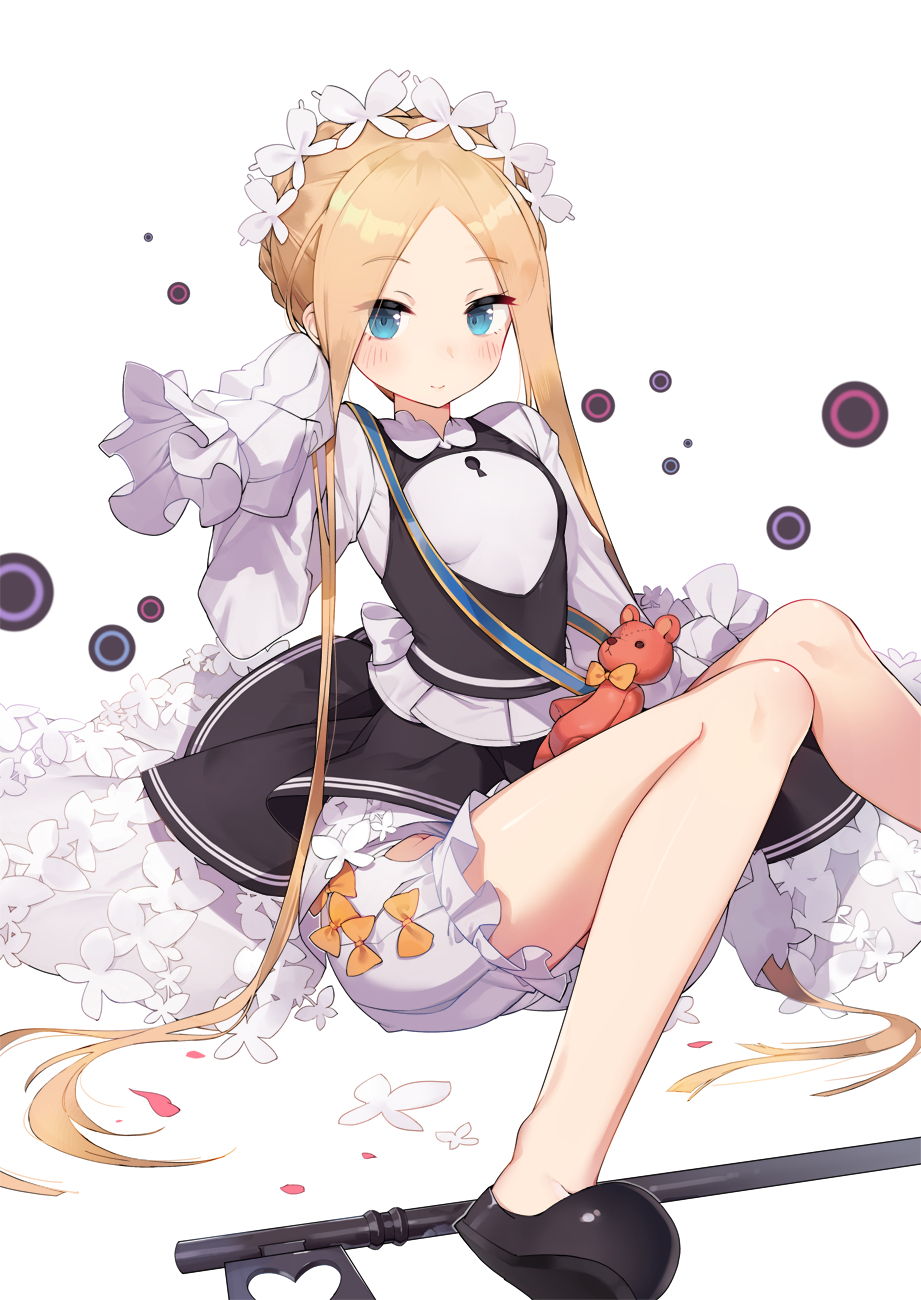 1girl abigail_williams_(fate/grand_order) bangs black_dress black_footwear blonde_hair bloomers blue_eyes blush bow braid breasts butterfly_hair_ornament closed_mouth commentary_request dress eyebrows_visible_through_hair fate/grand_order fate_(series) forehead hair_ornament hand_up highres jehyun keyhole long_sleeves orange_bow parted_bangs shirt shoe_soles shoes sitting sleeveless sleeveless_dress sleeves_past_fingers sleeves_past_wrists small_breasts smile solo stuffed_animal stuffed_toy teddy_bear underwear white_background white_bloomers white_shirt