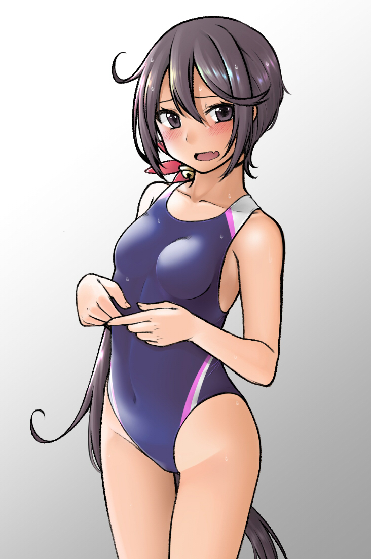1girl akebono_(kantai_collection) bell blue_swimsuit breasts collarbone competition_swimsuit cowboy_shot fang flower gradient gradient_background grey_background hair_bell hair_flower hair_ornament kantai_collection long_hair looking_at_viewer one-piece_swimsuit open_mouth purple_hair side_ponytail skin_fang small_breasts solo standing swimsuit very_long_hair violet_eyes white_background yuki_to_hana