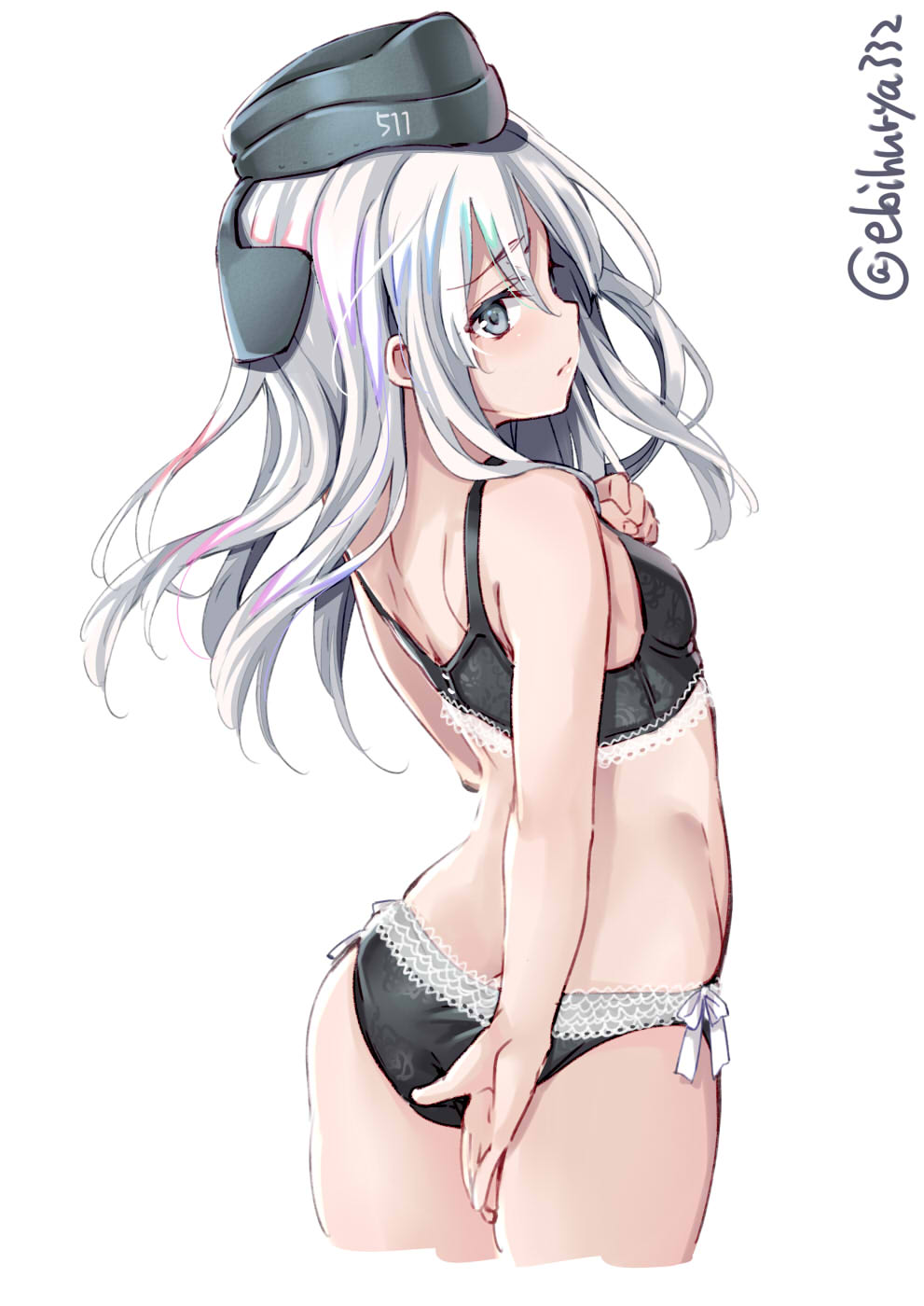1girl arched_back ass bare_arms bare_shoulders black_bra black_panties blue_eyes bra breasts butt_crack clenched_hand commentary_request cowboy_shot cropped_legs ebifurya from_behind garrison_cap hand_on_own_chest hat highres kantai_collection kriegsmarine long_hair looking_at_viewer panties parted_lips side-tie_panties silver_hair small_breasts solo stomach thighs twitter_username u-511_(kantai_collection) underwear underwear_only white_background
