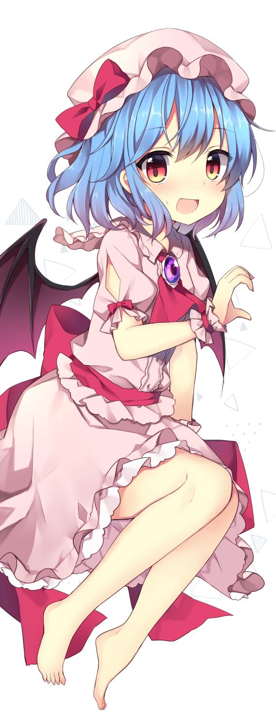 1girl barefoot bat_wings blue_hair blush bow brooch commentary_request dress eyebrows_visible_through_hair fang frilled_shirt frilled_shirt_collar frilled_sleeves frills hat hat_ribbon heart heart_hands highres jewelry looking_at_viewer mob_cap open_mouth pink_dress puffy_short_sleeves puffy_sleeves red_bow red_eyes red_ribbon remilia_scarlet ribbon ruhika sash shirt short_hair short_sleeves smile solo touhou wings wrist_cuffs