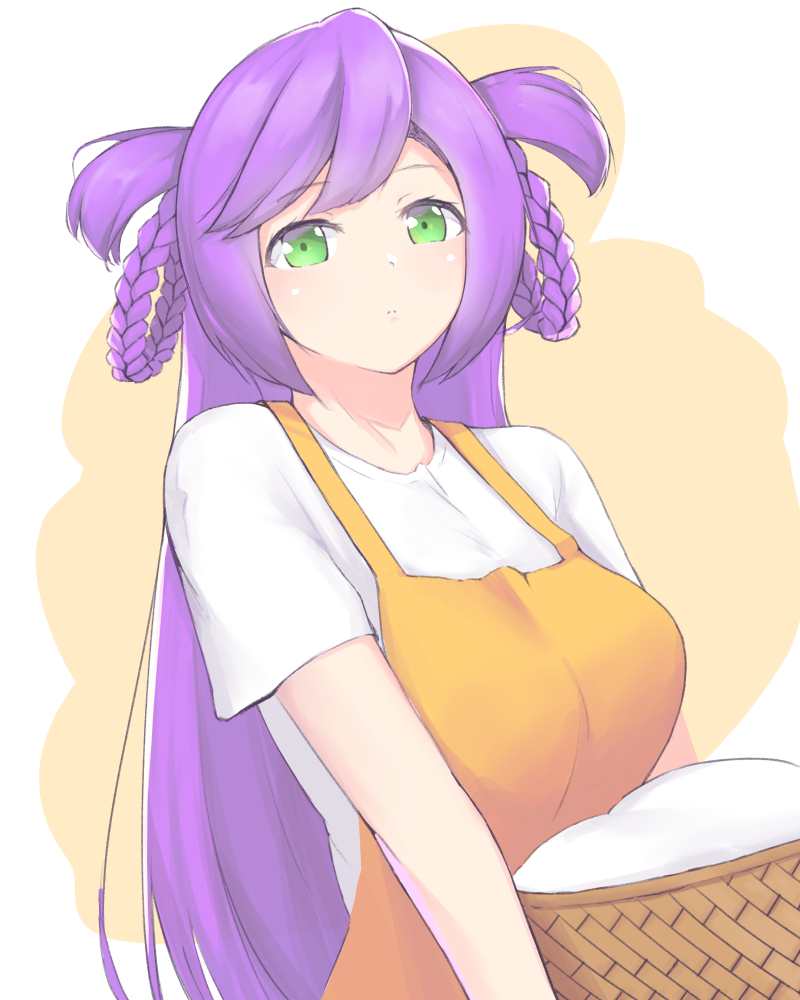 1girl apron bangs basket green_eyes hair_rings holding holding_basket long_hair looking_at_viewer orange_apron orange_background parted_bangs purple_hair rion_(sennen_sensou_aigis) sennen_sensou_aigis shirt short_sleeves simple_background solo standing two-tone_background two_side_up very_long_hair white_background white_shirt