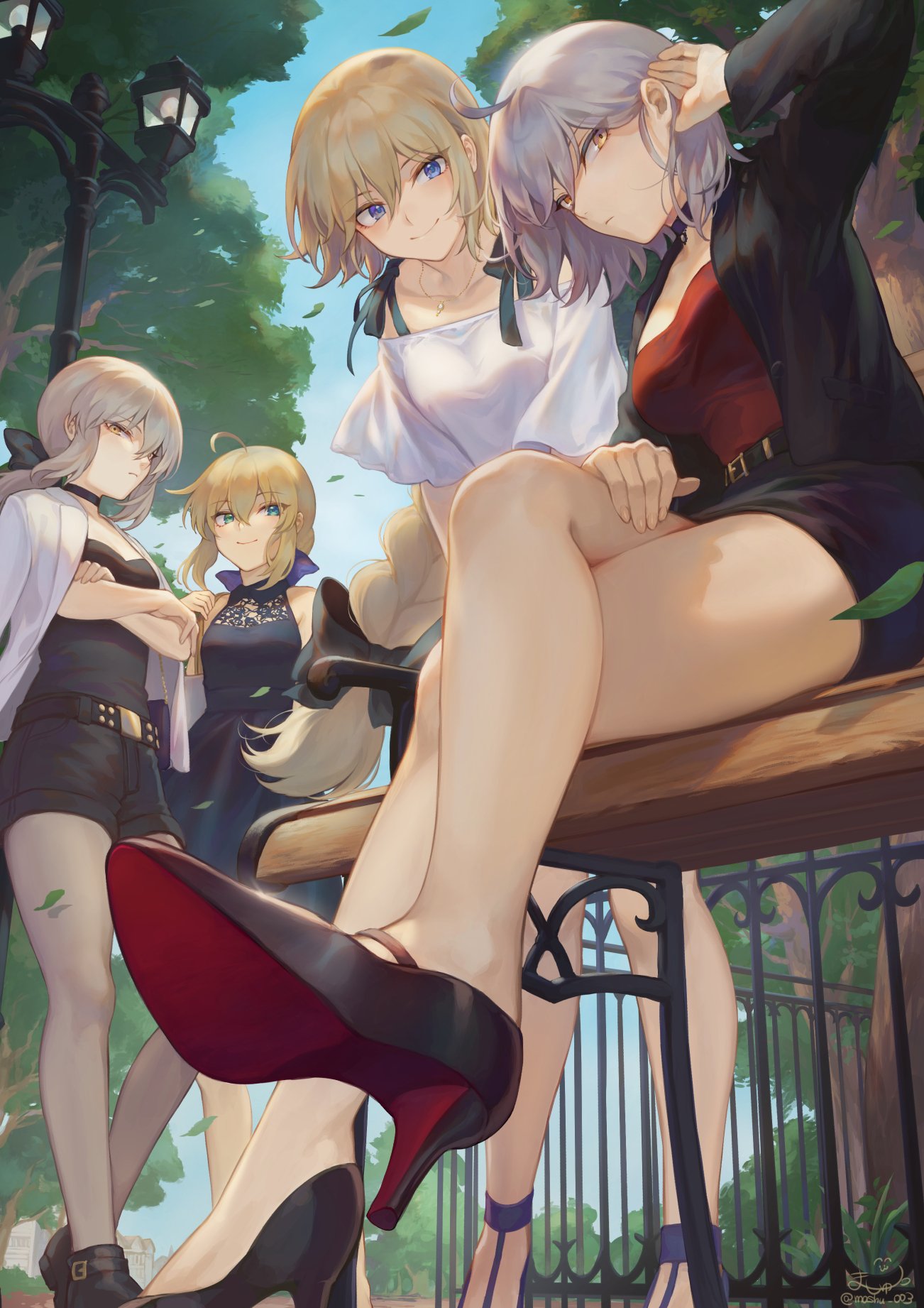 4girls ahoge artoria_pendragon_(all) bag bangs belt black_bow black_choker black_footwear black_jacket black_ribbon black_shorts black_tubetop blonde_hair blouse blue_choker blue_dress blue_eyes blue_footwear blue_ribbon blue_sky blush bow braid breasts buckle casual chair choker closed_mouth commentary crossed_arms crossed_legs day dress expressionless eyebrows_visible_through_hair fate/apocrypha fate/grand_order fate/stay_night fate_(series) floating_hair gold green_eyes hair_between_eyes hair_bow hair_ribbon hair_tucking hand_on_thigh high_heels highres holding_strap jacket jacket_on_shoulders jeanne_d'arc_(alter)_(fate) jeanne_d'arc_(fate) jeanne_d'arc_(fate)_(all) jewelry lamppost large_breasts leaning_forward long_hair long_sleeves looking_at_viewer mashuu_(neko_no_oyashiro) medium_breasts multiple_girls necklace outdoors red_tubetop ribbon saber saber_alter shoes short_hair shorts shoulder_bag sidelocks signature silver_hair single_braid sitting sky sleeveless sleeveless_dress smile table thighs tree tsurime twitter_username very_long_hair white_blouse white_jacket wind yellow_eyes