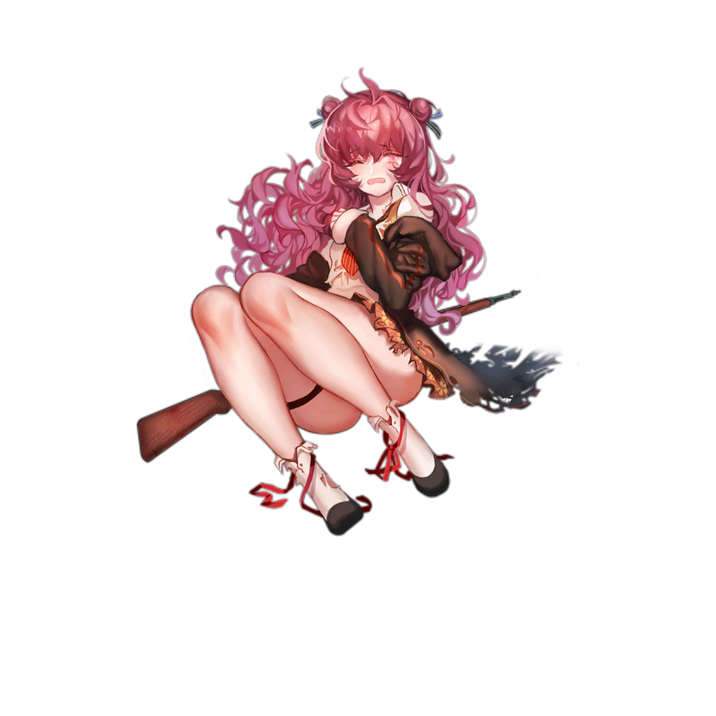 1girl ahoge ascot ass black_jacket bow crying full_body girls_frontline gun hair_intakes hair_ribbon hand_on_own_chest jacket legs long_hair looking_at_viewer messy_hair off_shoulder official_art one_eye_closed pink_eyes pink_hair red_bow ribbon rifle shirt sitting sleeves_past_wrists solo striped striped_ribbon tailcoat thigh_strap thighs torn_clothes torn_ribbon torn_shirt transparent_background wavy_hair weapon wz.29 wz.29_(girls_frontline) zuizi