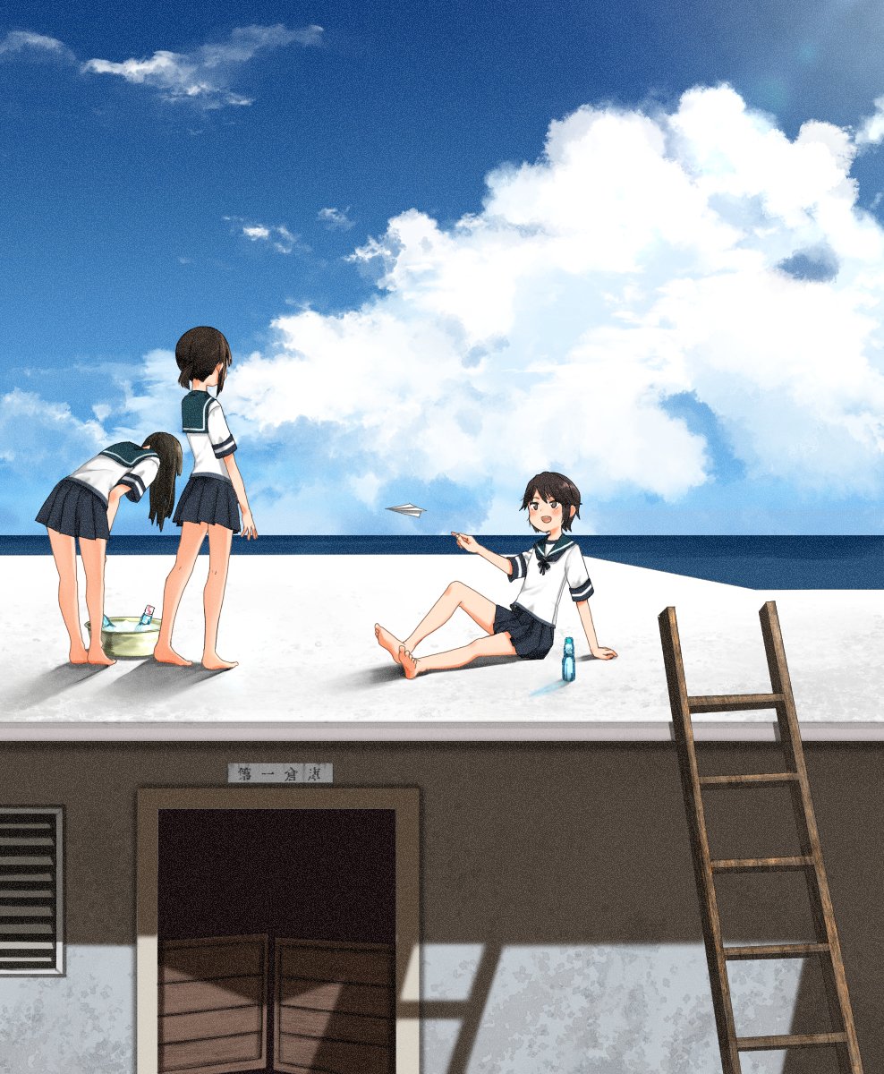 3girls annin_musou barefoot basin black_eyes black_hair blue_sailor_collar blue_skirt blue_sky bottle clouds commentary_request day fubuki_(kantai_collection) hatsuyuki_(kantai_collection) highres horizon house kantai_collection ladder long_hair low_ponytail miyuki_(kantai_collection) multiple_girls ocean outdoors paper_airplane pleated_skirt ponytail ramune rooftop sailor_collar scenery school_uniform serafuku short_hair short_ponytail sidelocks sitting skirt sky standing swinging_doors wavy_hair