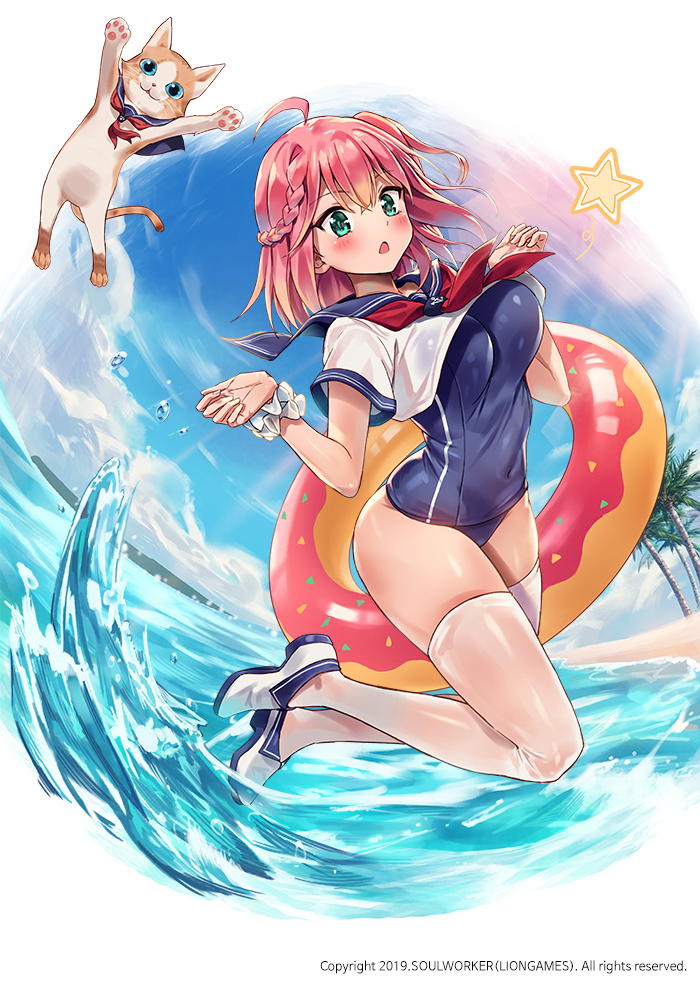 1girl ahoge animal aqua_eyes blue_sailor_collar blue_sky blue_swimsuit blush braid breasts cat chii_aruel clouds covered_navel crop_top crop_top_overhang french_braid full_body hands_up innertube large_breasts legs_up looking_at_viewer neckerchief official_art one-piece_swimsuit one_side_up open_mouth palm_tree pink_hair rainmaker red_neckwear sailor_collar sailor_shirt school_swimsuit scrunchie shirt shoes short_hair short_sleeves sky solo soul_worker star swimsuit thigh-highs thighs tree water watermark white_footwear white_legwear white_shirt wrist_scrunchie