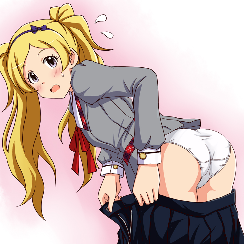 1girl ass bent_over black_skirt blonde_hair blouse blue_hairband blush collared_blouse commentary cowboy_shot crotch_seam emily_stewart flying_sweatdrops from_behind frown gradient gradient_background grey_blouse hairband idolmaster idolmaster_million_live! lielos long_hair long_sleeves looking_at_viewer looking_back miniskirt neck_ribbon open_mouth panties pink_background pleated_skirt pulled_by_self red_neckwear ribbon school_uniform skirt skirt_pull smile standing sweatdrop twintails underwear undressing violet_eyes white_panties