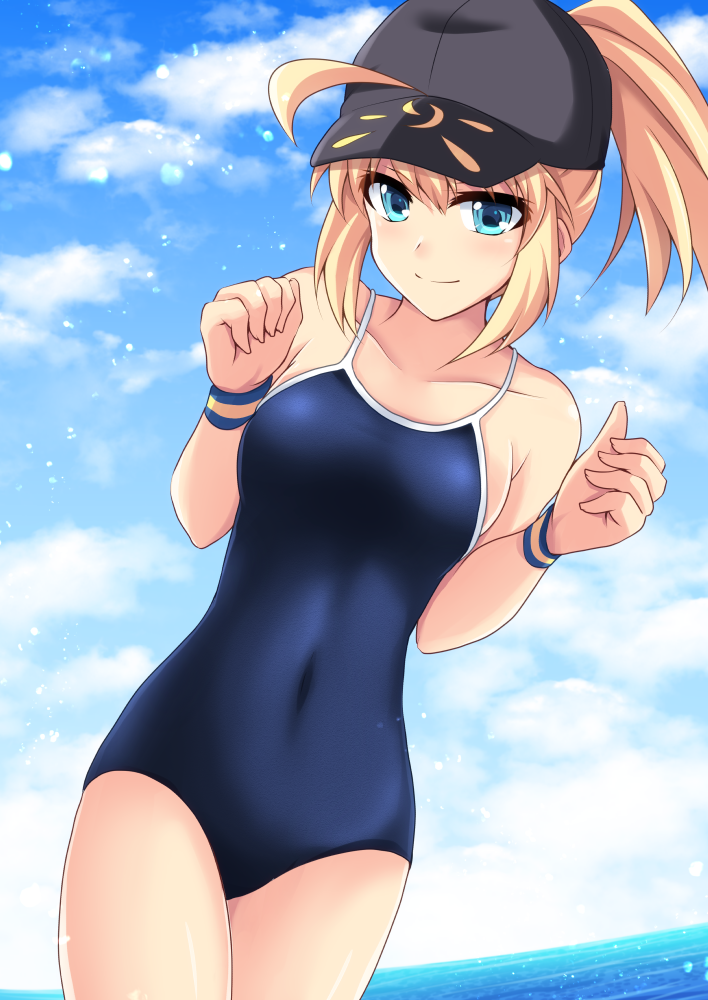 1girl ahoge artoria_pendragon_(all) baseball_cap blonde_hair blue_eyes blue_headwear blue_sky blue_swimsuit clouds commentary_request competition_school_swimsuit cowboy_shot cross_(crossryou) day fate/grand_order fate_(series) hair_through_headwear hat horizon looking_at_viewer mysterious_heroine_xx_(foreigner) ocean outdoors ponytail school_swimsuit sky smile solo standing swimsuit wristband