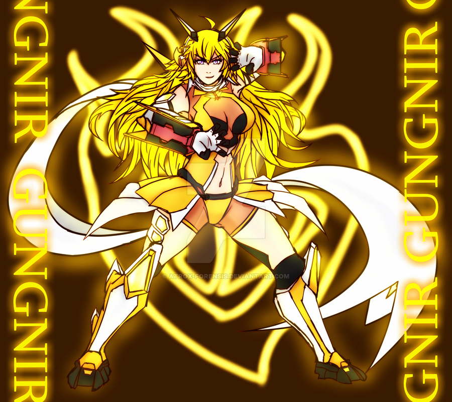 1girl ahoge bare_shoulders blonde_hair bodysuit breasts commentary cosplay crossover english_commentary gauntlets gloves hair_ornament hairclip headgear headphones large_breasts long_hair navel notatrox rwby scarf senki_zesshou_symphogear tachibana_hibiki_(symphogear) tachibana_hibiki_(symphogear)_(cosplay) violet_eyes waist_cape wavy_hair white_scarf yang_xiao_long