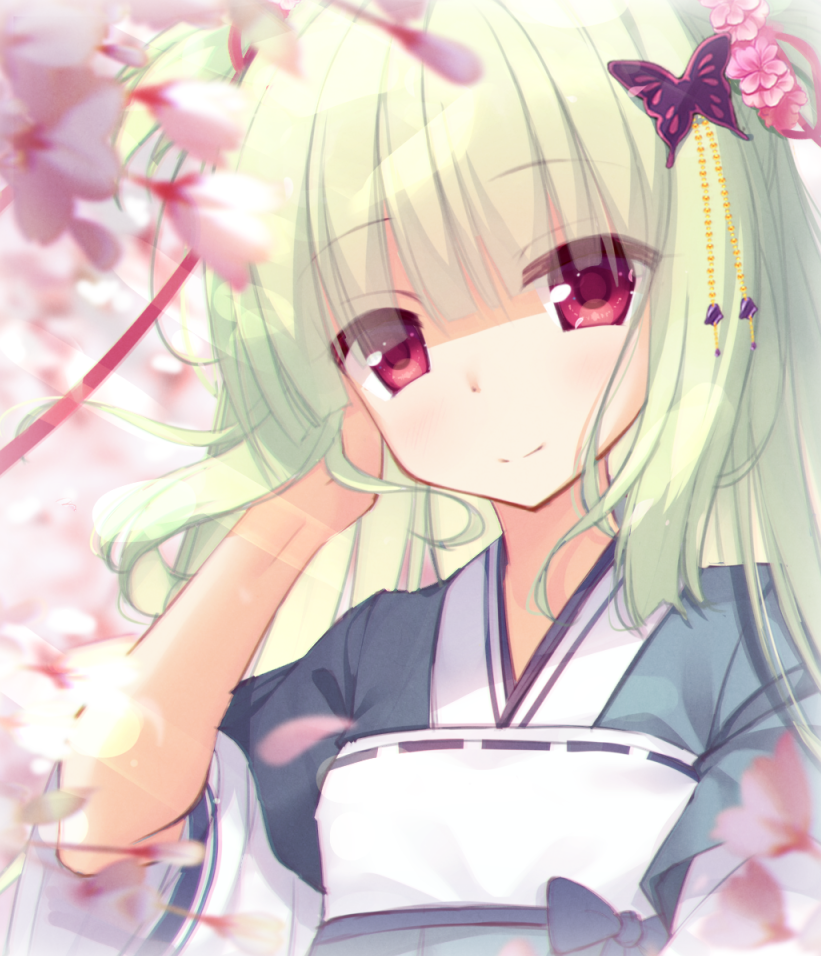 1girl bangs blue_kimono blurry blurry_background blurry_foreground blush butterfly_hair_ornament cariboy closed_mouth commentary_request depth_of_field eyebrows_visible_through_hair flower green_hair hair_flower hair_ornament hair_ribbon hand_up japanese_clothes kimono long_hair murasame_(senren) pink_flower red_eyes red_ribbon ribbon senren_banka short_sleeves smile solo upper_body wide_sleeves