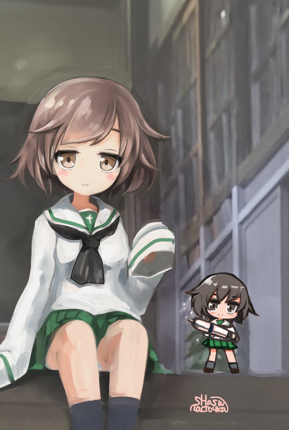 1girl akiyama_yukari artist_name bangs black_legwear black_neckwear blouse brown_eyes brown_hair chibi chibi_inset closed_mouth commentary commentary_request girls_und_panzer green_skirt highres holding holding_syringe light_blush light_smile long_sleeves looking_at_viewer messy_hair miniskirt neckerchief ooarai_school_uniform oversized_clothes pleated_skirt school_uniform serafuku shasu_(lastochka) short_hair shouji signature sitting skirt sleeves_past_fingers sleeves_past_wrists sliding_doors smile socks solo swept_bangs syringe white_blouse