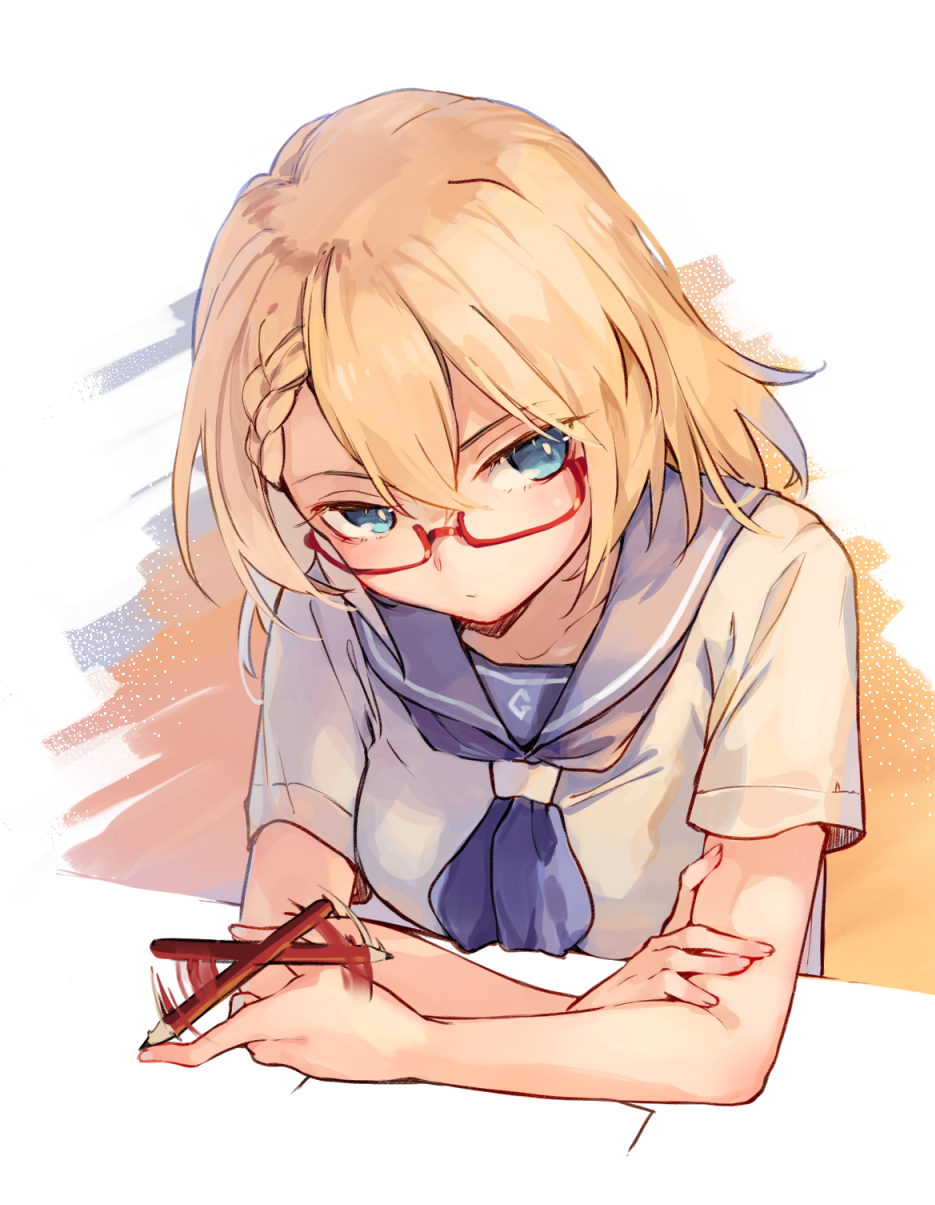 1girl blonde_hair blue_eyes braid g36_(girls_frontline) girls_frontline glasses highres looking_at_viewer pen_spinning pencil playing red-framed_eyewear school_uniform serafuku shuzi solo table