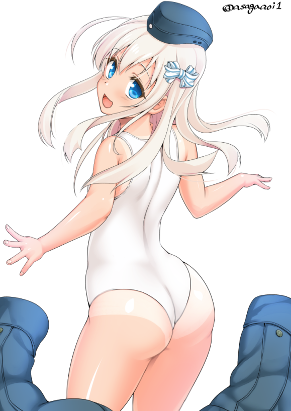 1girl asaga_aoi ass bangs bare_shoulders blue_eyes blush bow breasts commentary_request eyebrows_visible_through_hair garrison_cap hair_between_eyes hair_bow hat jacket jacket_removed kantai_collection long_hair looking_at_viewer looking_back one-piece_swimsuit open_mouth simple_background smile solo standing swimsuit tan tanline u-511_(kantai_collection) white_background white_hair white_swimsuit