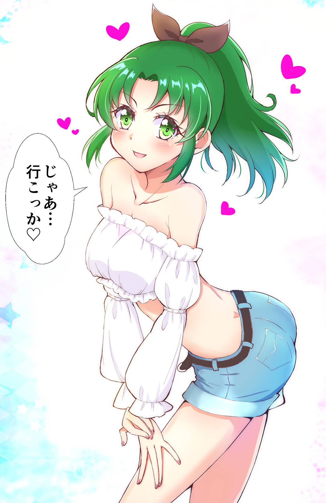 1girl :d belt black_belt black_bow blue_shorts blush bow breasts collarbone denim denim_shorts detached_sleeves green_eyes green_hair hair_bow hands_on_lap heart high_ponytail highres kaatsukun leaning_forward long_hair long_sleeves medium_breasts midorikawa_nao midriff open_mouth ponytail precure shiny shiny_hair short_shorts shorts smile smile_precure! solo speech_bubble standing striped translated white_background white_sleeves