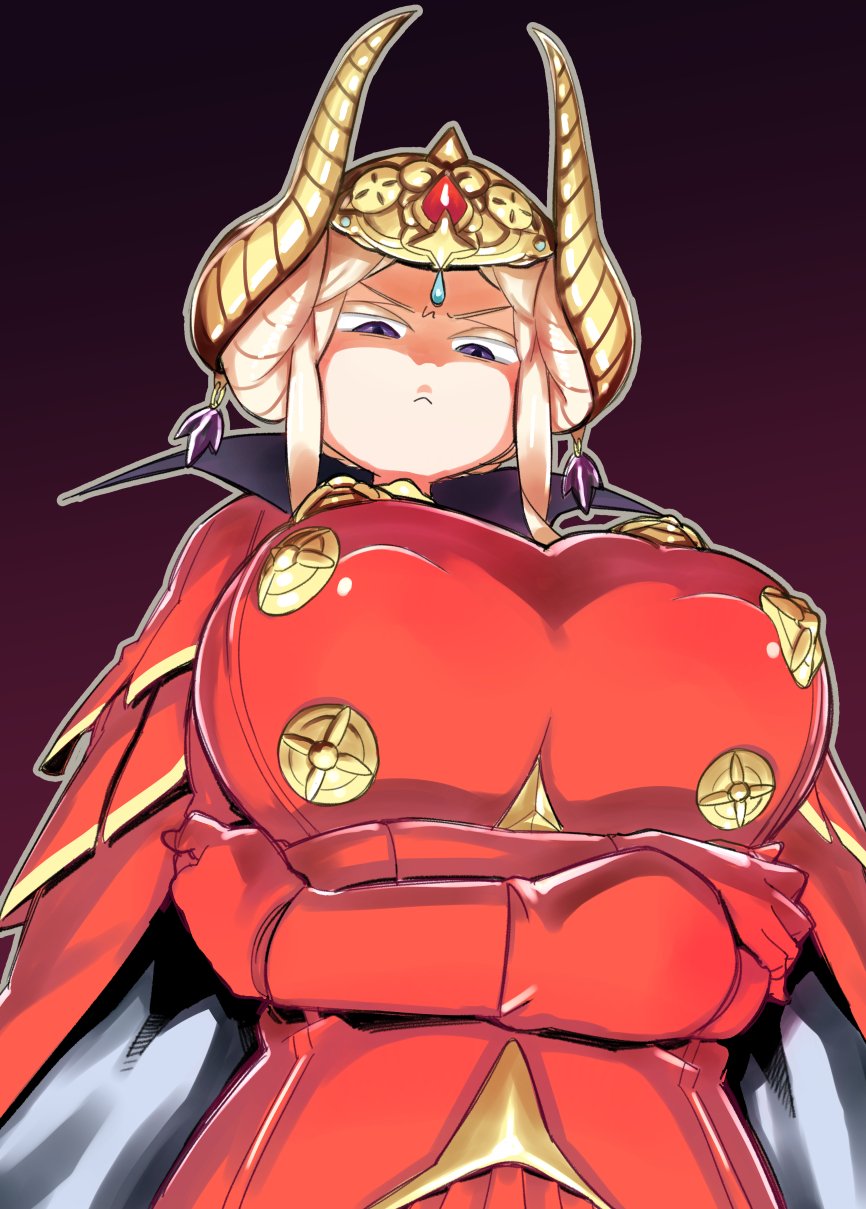 1girl angry blonde_hair blue_eyes braid breasts cape crown double_bun edelgard_von_hresvelgr_(fire_emblem) fire_emblem fire_emblem:_three_houses hair_ornament highres horns jacket jewelry large_breasts long_hair looking_at_viewer older simple_background solo tibonobannsann