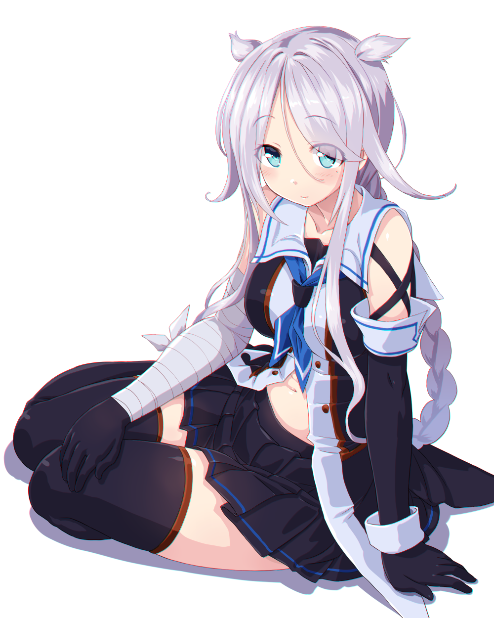 1girl bandaged_arm bandages black_gloves black_legwear black_skirt blue_eyes blush braid commentary dd_(ijigendd) elbow_gloves eyebrows_visible_through_hair full_body gloves grey_hair hair_flaps highres kantai_collection long_hair looking_at_viewer mole mole_under_eye neckerchief pleated_skirt remodel_(kantai_collection) sailor_collar single_elbow_glove sitting skirt solo thigh-highs umikaze_(kantai_collection) very_long_hair white_background yokozuwari