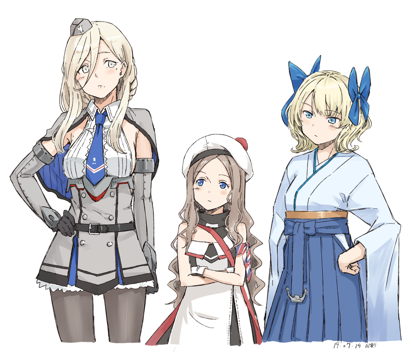 3girls armband asakaze_(kantai_collection) asakaze_(kantai_collection)_(cosplay) bangs bare_shoulders belt beret black_gloves black_legwear black_ribbon blonde_hair blue_eyes blue_hakama blue_neckwear blush bow braid breasts capelet colorado_(kantai_collection) colorado_(kantai_collection)_(cosplay) cosplay costume_switch dress elbow_gloves furisode garrison_cap gloves grey_dress grey_headwear hair_between_eyes hair_bow hakama hakama_skirt hat headgear japanese_clothes kantai_collection kawashina_(momen_silicon) kimono large_breasts light_brown_hair long_hair looking_at_viewer meiji_schoolgirl_uniform mole mole_under_eye mole_under_mouth multicolored multicolored_clothes multicolored_dress multicolored_gloves multicolored_legwear multicolored_scarf multiple_girls necktie pantyhose parted_bangs pleated_dress pom_pom_(clothes) ribbon richelieu_(kantai_collection) richelieu_(kantai_collection)_(cosplay) scarf shirt short_hair sideboob sidelocks simple_background sleeveless standing strapless strapless_dress wavy_hair white_background white_shirt yellow_eyes