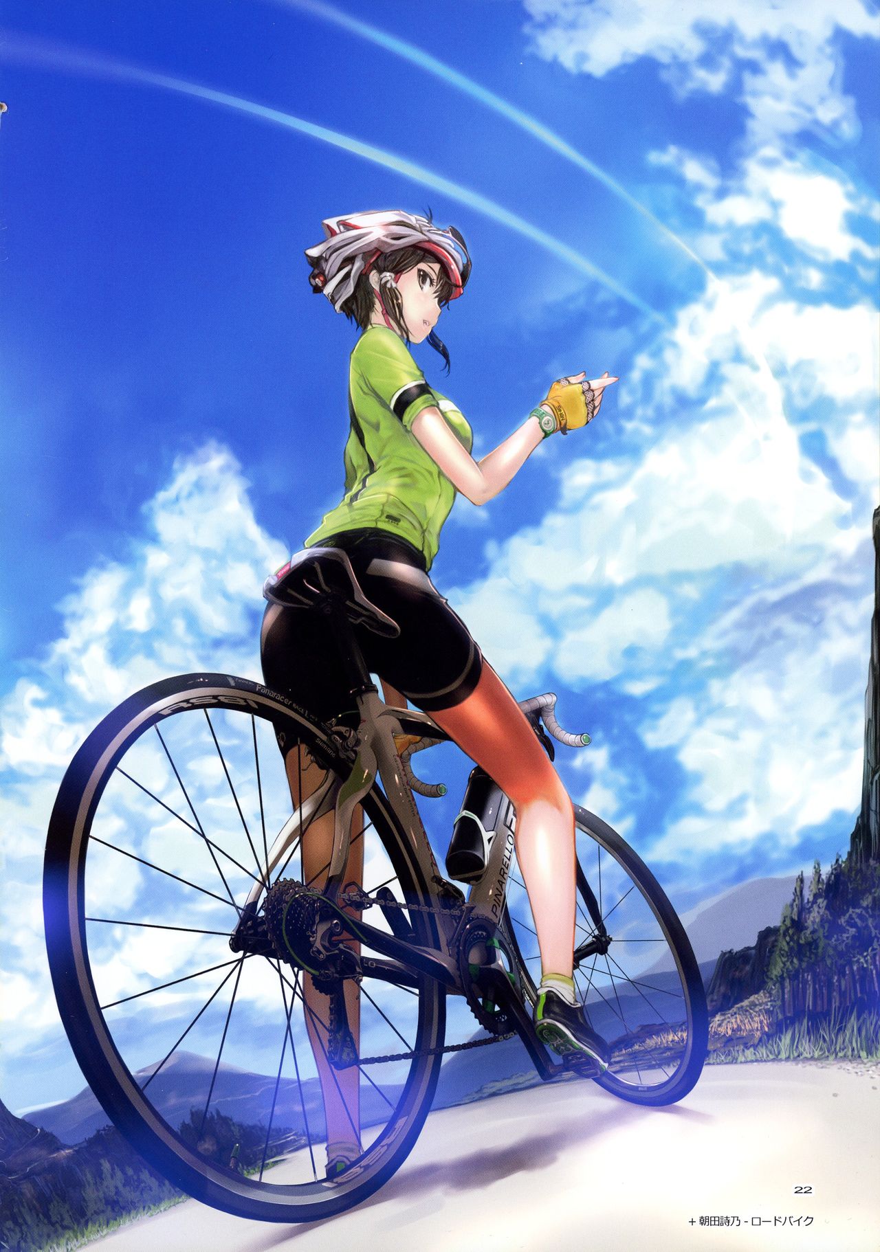 1girl asada_shino bicycle bicycle_helmet bike_shorts black_footwear black_hair black_shorts blue_sky breasts brown_eyes clouds condensation_trail day fingerless_gloves from_below gloves green_shirt ground_vehicle helmet highres looking_at_viewer medium_breasts mikazuki_akira! outdoors page_number profile shirt shoes short_hair short_shorts short_sleeves shorts sky sneakers socks solo standing sword_art_online white_footwear yellow_gloves