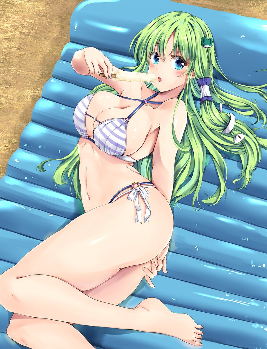 1girl alternate_costume barefoot beach big_breasts bikini blue_eyes breasts frog_hair_ornament fule green_hair hair_tube inflatable_beach_seat kochiya_sanae long_hair lying lying_on_back open_mout popsicle ring sand shadow snake_hair_ornament striped_bikini thighs touho two_piece_swimsuit