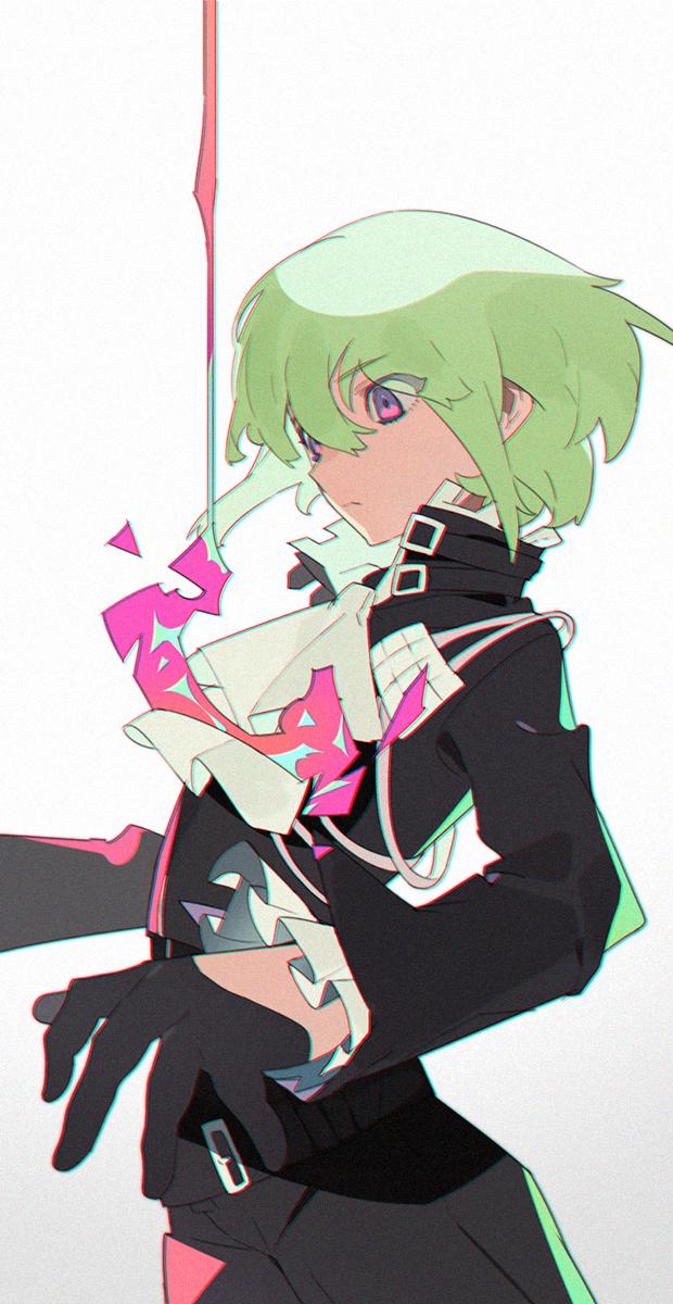 belt biker_clothes black_gloves black_jacket closed_mouth cravat fire gloves green_hair half_gloves highres jacket lio_fotia male_focus multiple_belts promare sowichi violet_eyes white_background