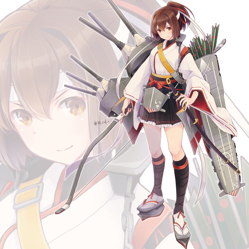 1girl arrow black_legwear black_skirt bow_(weapon) brown_eyes brown_hair brown_hakama cannon close-up colis commentary_request flight_deck frilled_skirt frills full_body hachimaki hair_ribbon hakama headband holding holding_weapon ise_(kantai_collection) japanese_clothes kantai_collection katana kneehighs long_sleeves looking_at_viewer machinery nontraditional_miko pleated_skirt ponytail remodel_(kantai_collection) ribbon sandals sheath sheathed short_hair sidelighting skin_tight skirt smug solo standing sword turret undershirt underskirt weapon white_background