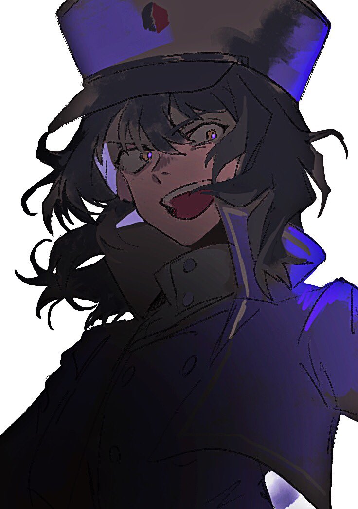 1girl andou_(girls_und_panzer) bangs bc_freedom_(emblem) bc_freedom_military_uniform black_hair blue_headwear blue_jacket blue_vest dark_skin emblem girls_und_panzer hat high_collar jacket long_sleeves looking_at_viewer medium_hair messy_hair open_mouth shako_cap simple_background smile solo tama_launcher teeth tongue vest white_background