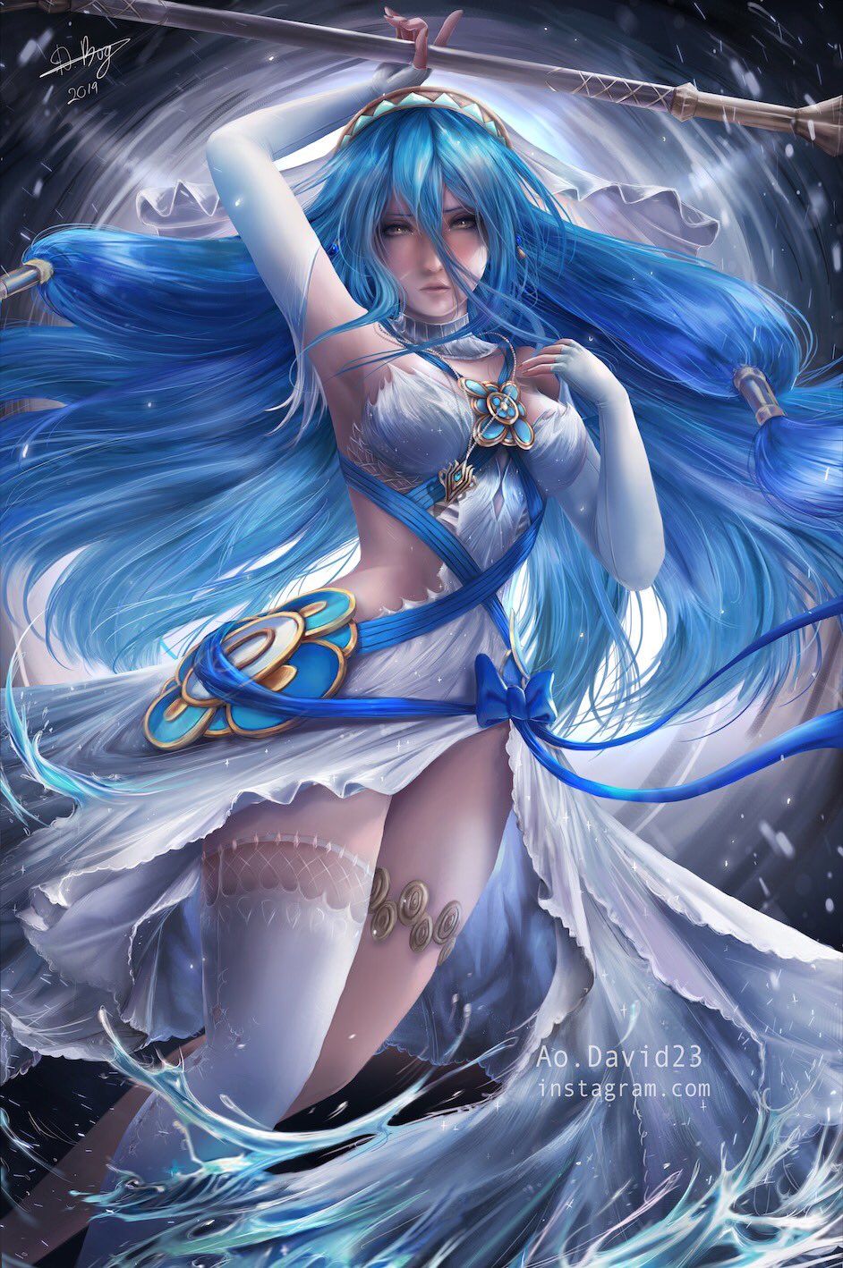 1girl aodavid23 arm_up armpits artist_name asymmetrical_legwear azura_(fire_emblem) backless_dress backless_outfit blue_hair blue_ribbon blush breasts detached_sleeves dress english_commentary feet_out_of_frame fingerless_gloves fire_emblem fire_emblem_fates gloves hair_between_eyes hair_spread_out highres holding holding_spear holding_weapon jewelry lace lace-trimmed_legwear long_hair medium_breasts necklace polearm ribbon shiny shiny_hair signature solo spear thigh-highs very_long_hair water watermark weapon web_address white_dress yellow_eyes