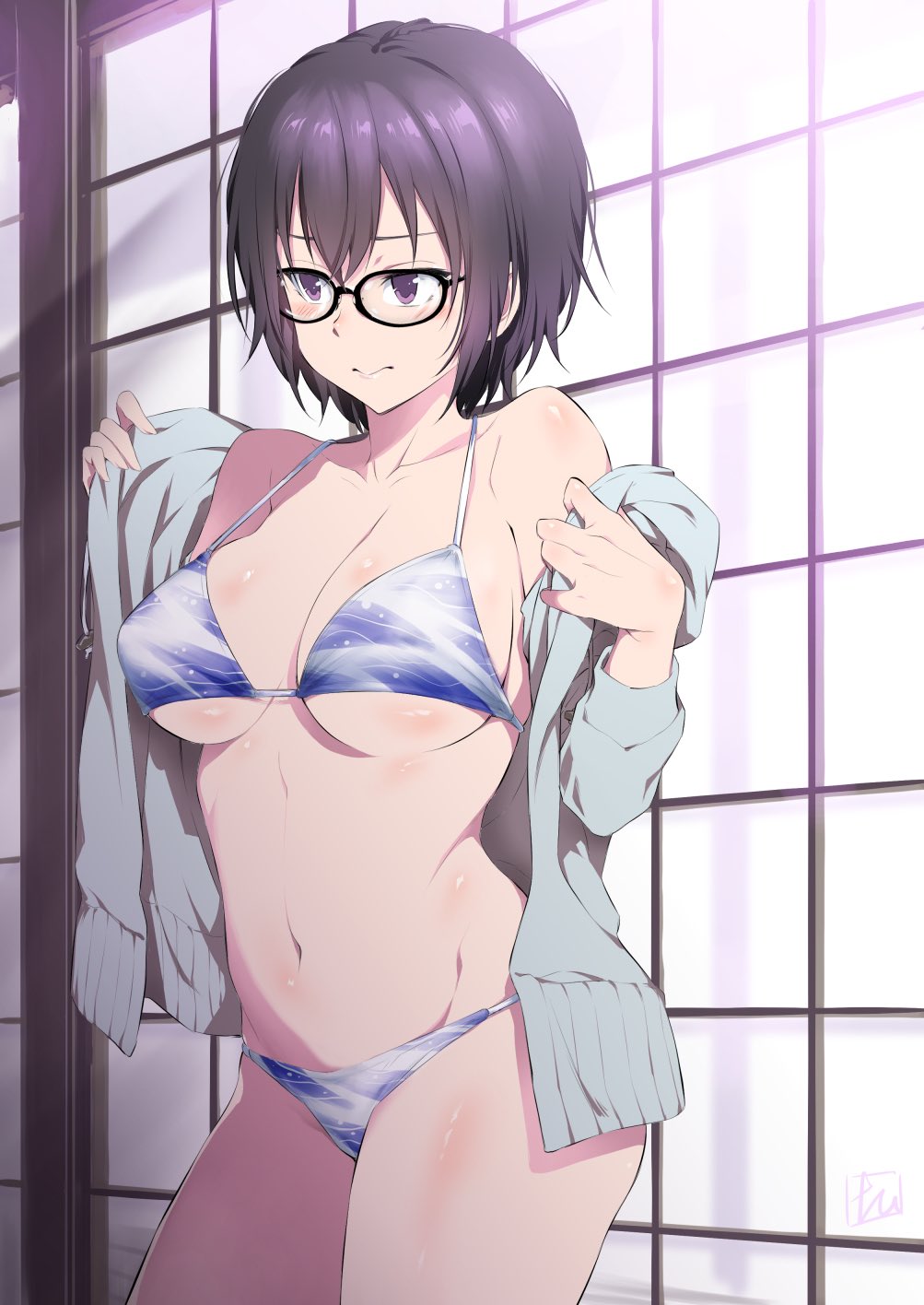 1girl artist_name bikini black-framed_eyewear blue_bikini blush breasts closed_mouth commentary_request cowboy_shot frown glasses groin highres indoors inu_(aerodog) jacket medium_breasts navel off_shoulder open_clothes open_jacket opened_by_self original purple_hair short_hair shouji signature sliding_doors solo standing swimsuit undressing violet_eyes