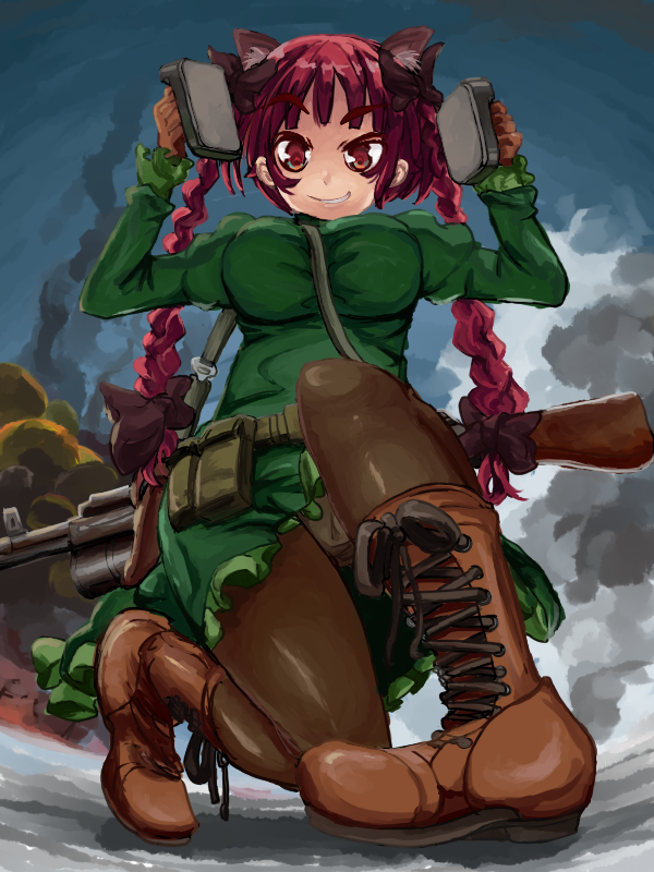 alternate_footwear ammunition animal_ears assault_rifle awa_(bihidasu) boots bow breasts brown_footwear brown_legwear cat_ears cross-laced_footwear defibrillator dress green_dress gun hair_bow kaenbyou_rin lace-up_boots long_braid long_sleeves looking_at_viewer panties pantyshot red_eyes redhead rifle rifle_on_back short_hair short_hair_with_long_locks sling_(weapon) smirk touhou underwear weapon