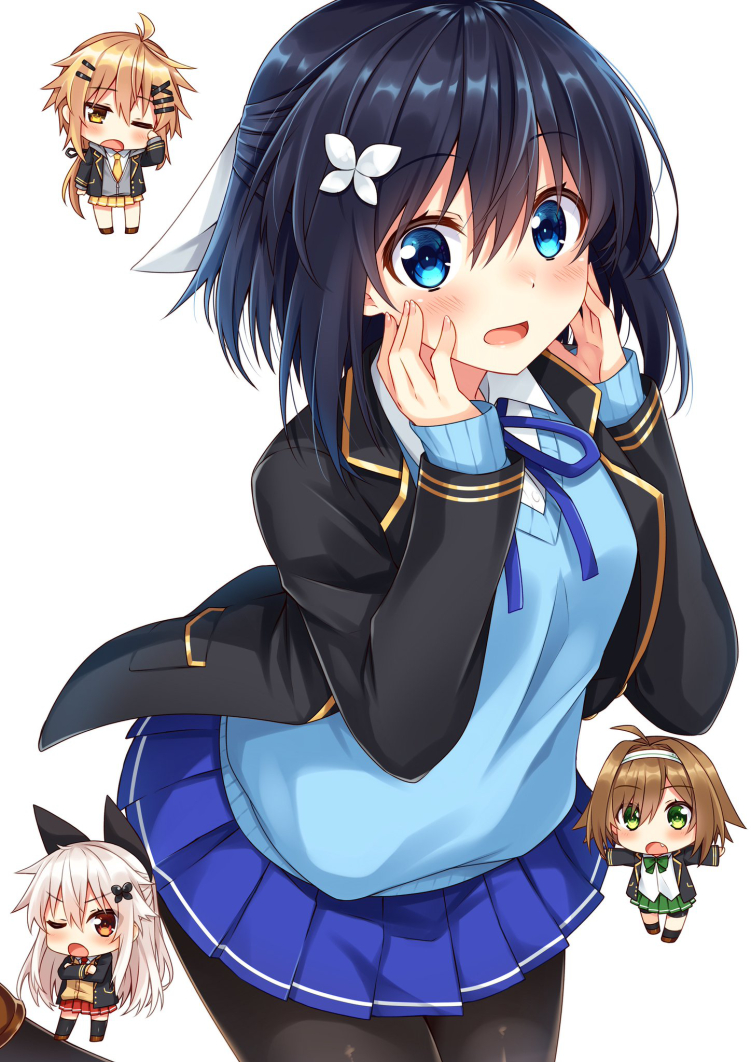 4girls :o bangs black_hair black_jacket black_legwear blazer blue_eyes blue_ribbon blue_skirt blue_sweater blush bow breasts brown_cardigan brown_eyes brown_footwear brown_hair butterfly_hair_ornament cardigan chibi collared_shirt commentary_request cover dress_shirt etna_(kuzuyu) eyebrows_visible_through_hair fang fingernails green_bow green_eyes green_skirt grey_cardigan hair_between_eyes hair_ornament hairband hairclip half_updo hands_on_own_face hands_up haru_(kuzuyu) jacket komori_kuzuyu light_brown_hair loafers looking_at_viewer multiple_girls nao_(kuzuyu) neck_ribbon one_eye_closed open_blazer open_clothes open_jacket open_mouth original pantyhose pleated_skirt red_eyes red_skirt ribbon rivier_(kuzuyu) shirt shoes silver_hair simple_background skirt sleeves_past_wrists small_breasts socks standing sweater thigh-highs v-shaped_eyebrows white_background white_hairband white_shirt x_hair_ornament yellow_neckwear yellow_skirt