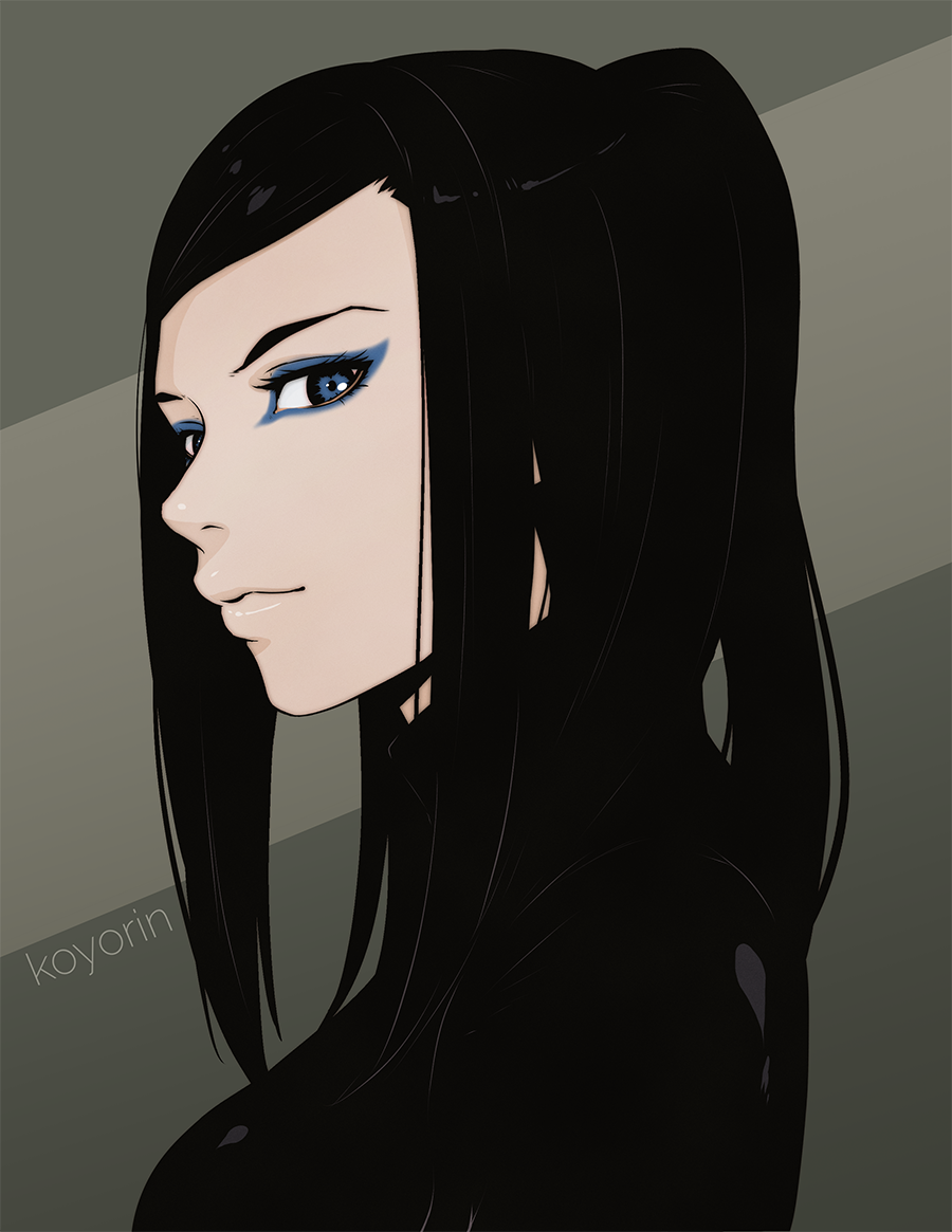 1girl artist_name black_hair blue_eyes close-up closed_mouth ergo_proxy eyeshadow face grey_background ilya_kuvshinov_(style) koyorin lips long_hair looking_at_viewer makeup profile re-l_mayer simple_background solo two-tone_background