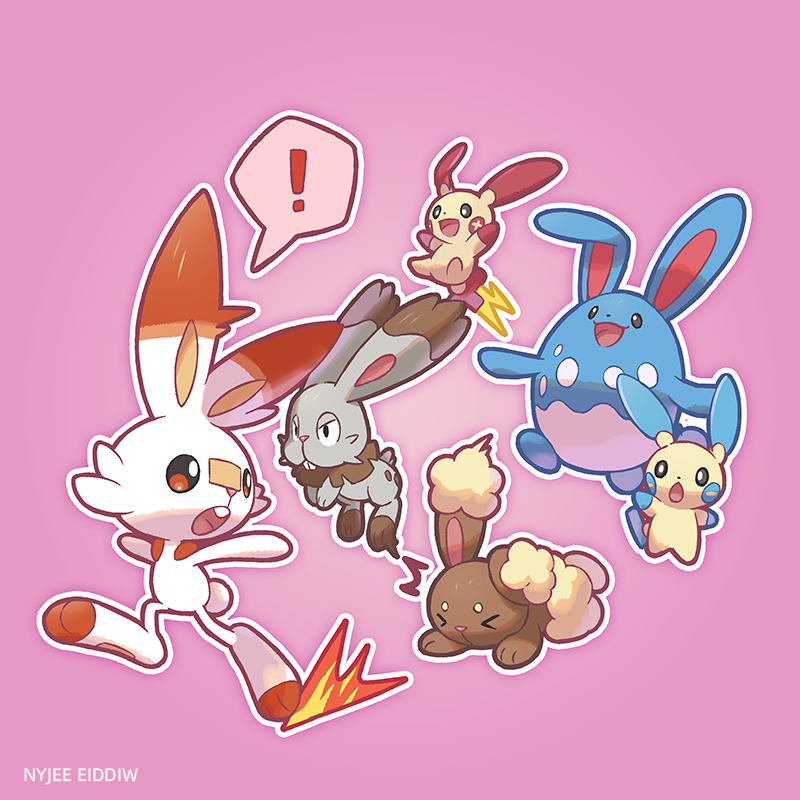 ! azumarill buneary bunnelby chasing gen_2_pokemon gen_3_pokemon gen_4_pokemon gen_6_pokemon gen_8_pokemon minun nyjee pink_background plusle pokemon pokemon_(creature) pokemon_(game) rabbit running scorbunny