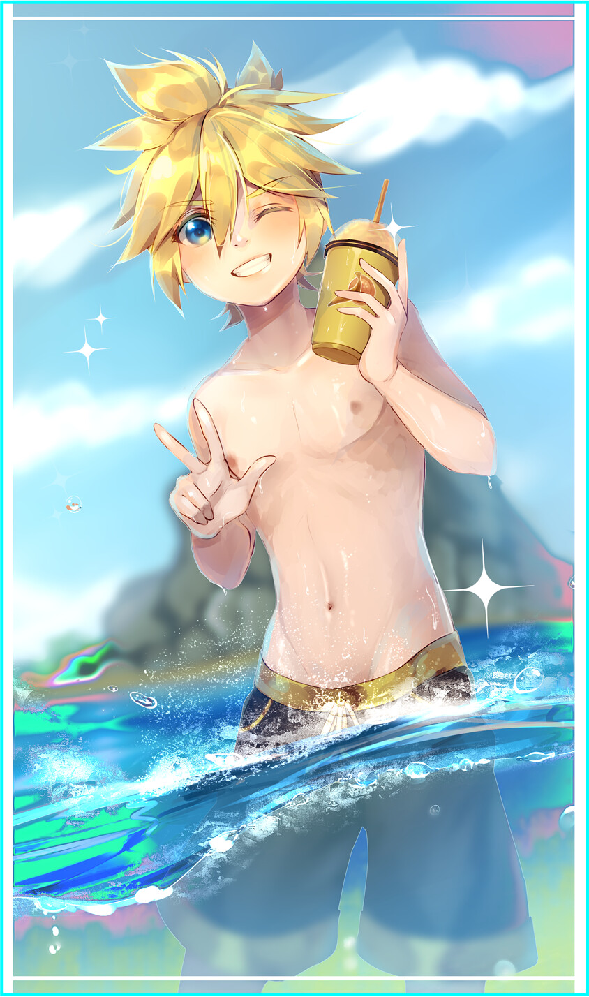 1boy banana beach blonde_hair blue_eyes blue_sky bubble clouds cloudy_sky cup disposable_cup drinking_straw ei_flow food fruit highres holding holding_cup kagamine_len looking_at_viewer male_focus midriff navel ocean partially_submerged partially_underwater_shot rock shirtless shorts sky smile smoothie solo sparkle spiky_hair splashing swimwear vocaloid w water