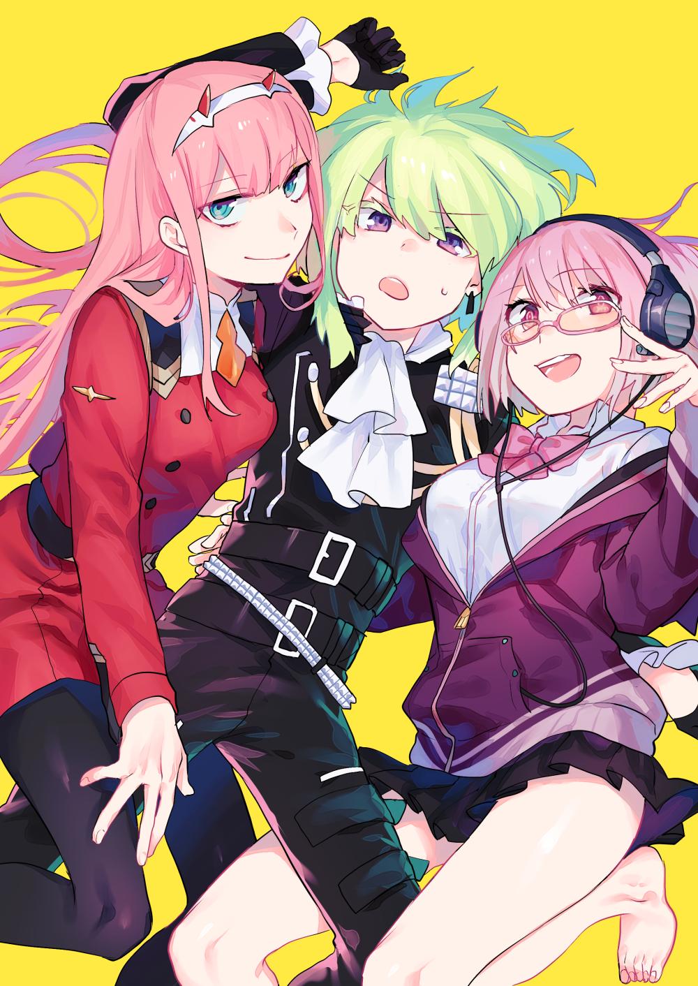 1boy 2girls barefoot belt biker_clothes black_gloves black_jacket bow collared_shirt company_connection cravat darling_in_the_franxx gloves green_hair hairband half_gloves highres horns jacket lavender_hair lio_fotia moegi0926 multiple_belts multiple_girls off_shoulder oni_horns open_mouth pink_hair promare purple_bow purple_jacket purple_neckwear red_horns semi-rimless_eyewear shinjou_akane shirt sleeves_past_wrists smile ssss.gridman straight_hair sweatdrop under-rim_eyewear uniform violet_eyes white_hairband white_shirt zero_two_(darling_in_the_franxx)