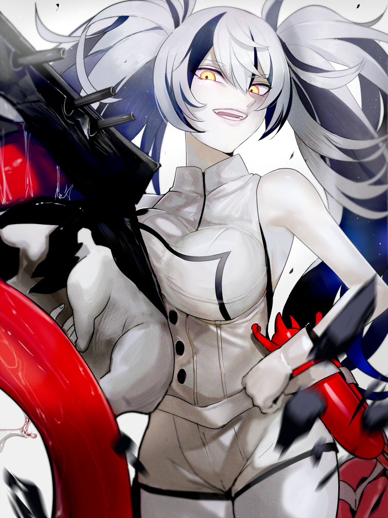 1girl bangs black_hair breast_press breasts enemy_lifebuoy_(kantai_collection) escort_water_hime eyebrows_visible_through_hair fang gloves holding kantai_collection large_breasts long_hair multicolored_hair open_mouth pale_skin saliva shinkaisei-kan simple_background sleeveless solo streaked_hair teeth twintails walzrj white_background white_gloves white_hair white_skin yellow_eyes