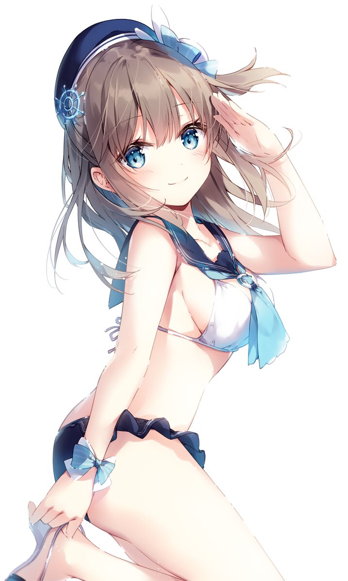 1girl bare_arms bare_shoulders beret blue_bow blue_eyes blue_headwear blue_neckwear blue_sailor_collar bow breasts brown_hair bunny_hair_ornament collarbone commentary_request floating_hair from_side hair_bow hair_ornament hand_up hat leg_up long_hair looking_at_viewer looking_to_the_side medium_breasts mochizuki_shiina original sailor_bikini sailor_collar salute sandals sidelocks simple_background smile solo stomach thighs white_background white_bow