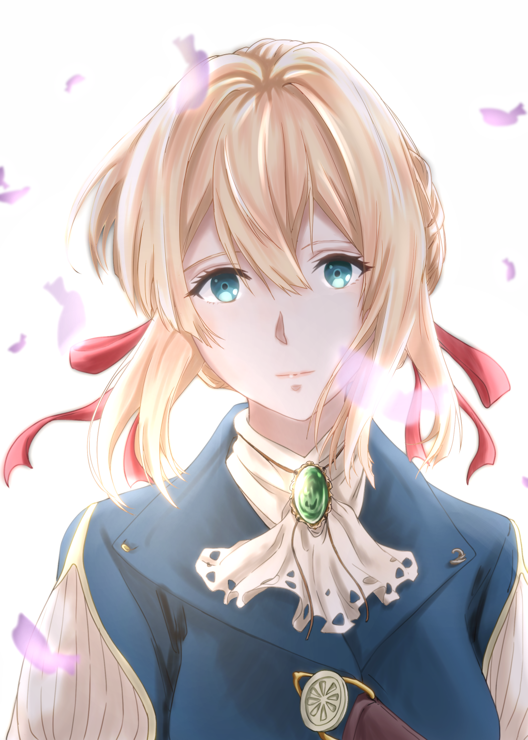 1girl blonde_hair blue_eyes closed_mouth floating_hair hair_between_eyes hair_ribbon highres looking_at_viewer medium_hair portrait red_ribbon ribbon simple_background solo user_rtsg2375 violet_evergarden violet_evergarden_(character) white_background white_neckwear