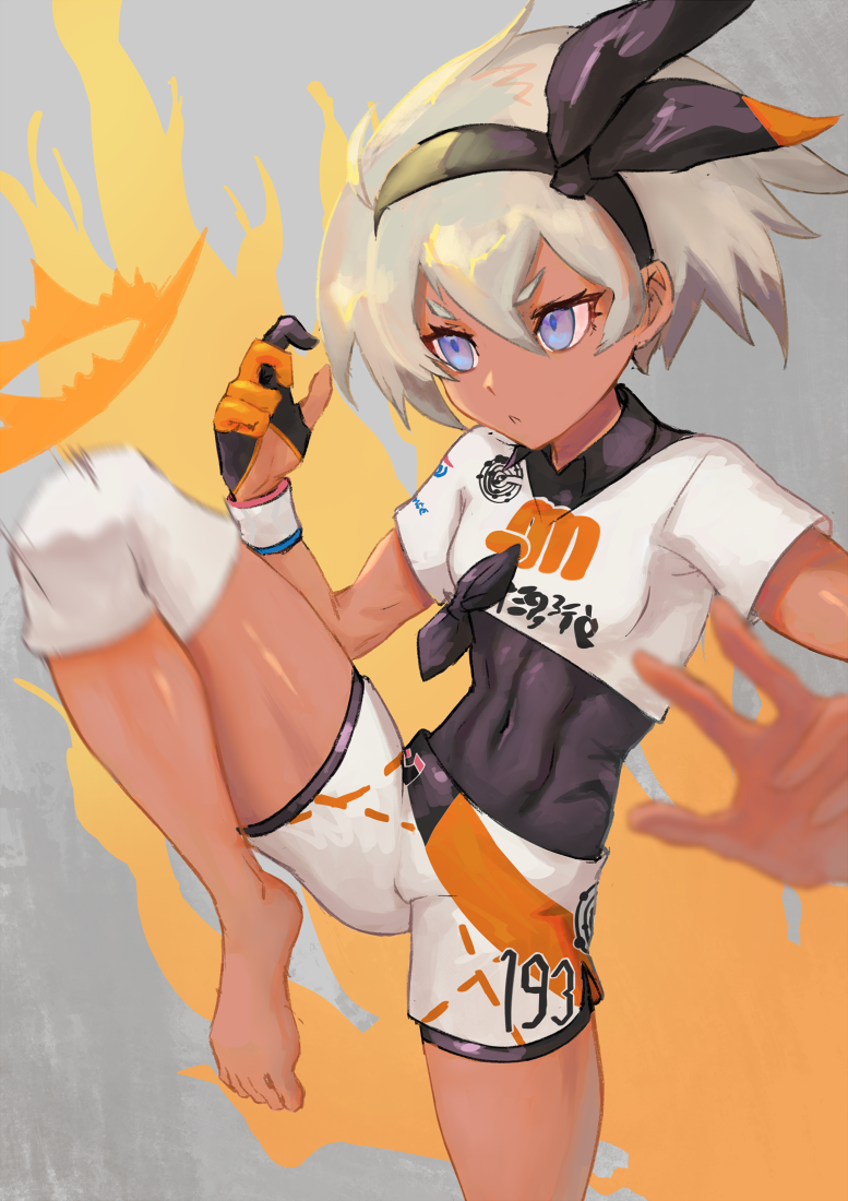 1girl abs arqa barefoot black_hairband blue_eyes bodysuit bodysuit_under_clothes covered_navel dark_skin flat_chest gloves grey_hair hair_between_eyes hairband kicking knee_pads kneeing motion_blur plantar_flexion pokemon pokemon_(game) pokemon_swsh saitou_(pokemon) shirt short_hair short_sleeves shorts single_glove solo white_shirt wristband